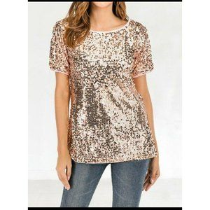 Gold Sequin Embellished Short Sleeve Blouse Size XL